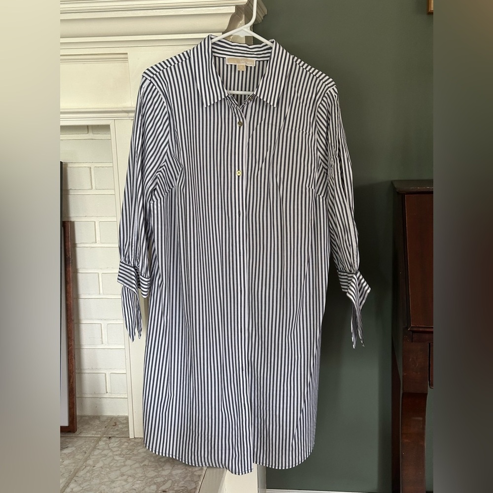 Michael Kors 14 Classic Striped Shirt Dress with Shoulder Slits